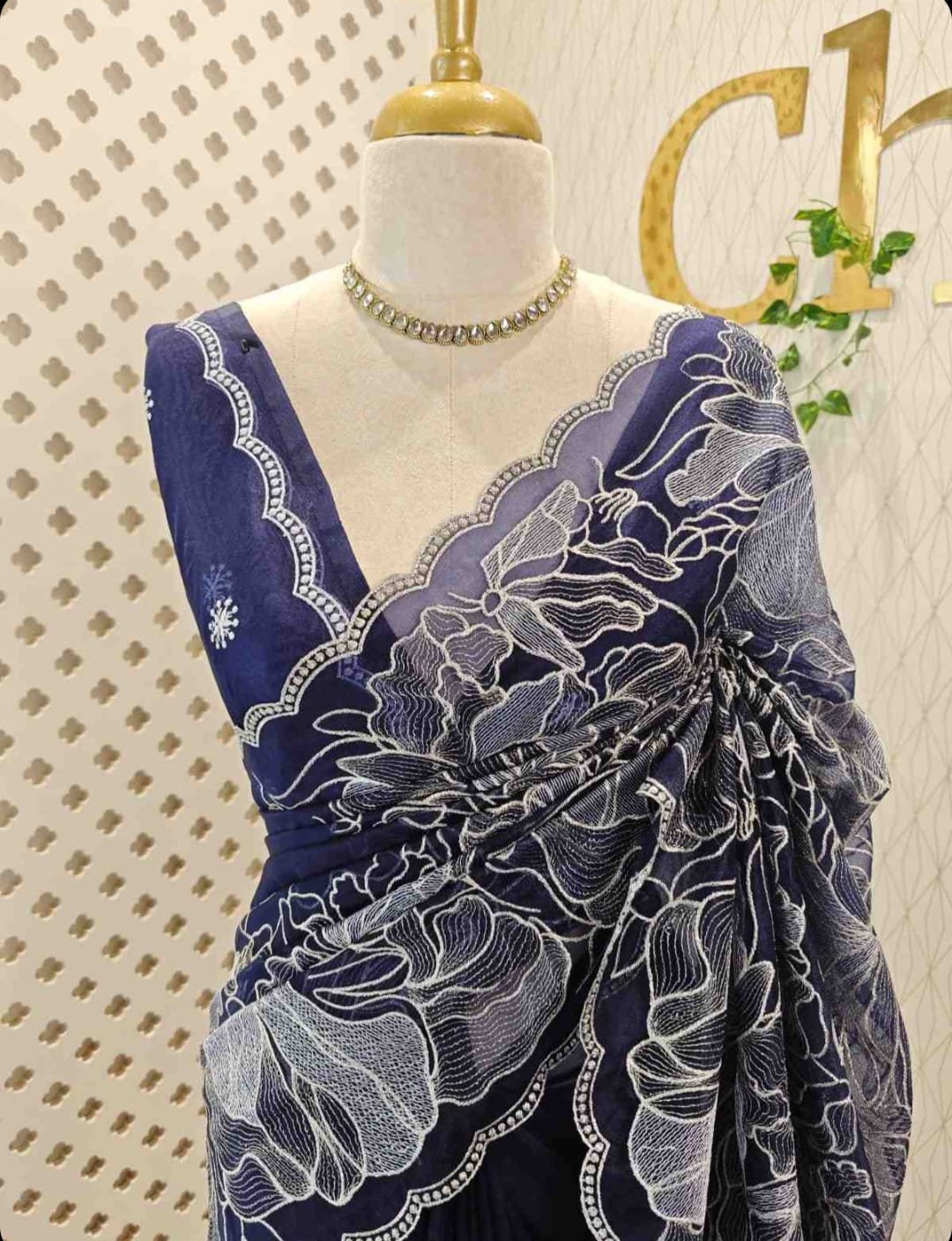Navy Blue Floral Embroidered Designer Saree view 1
