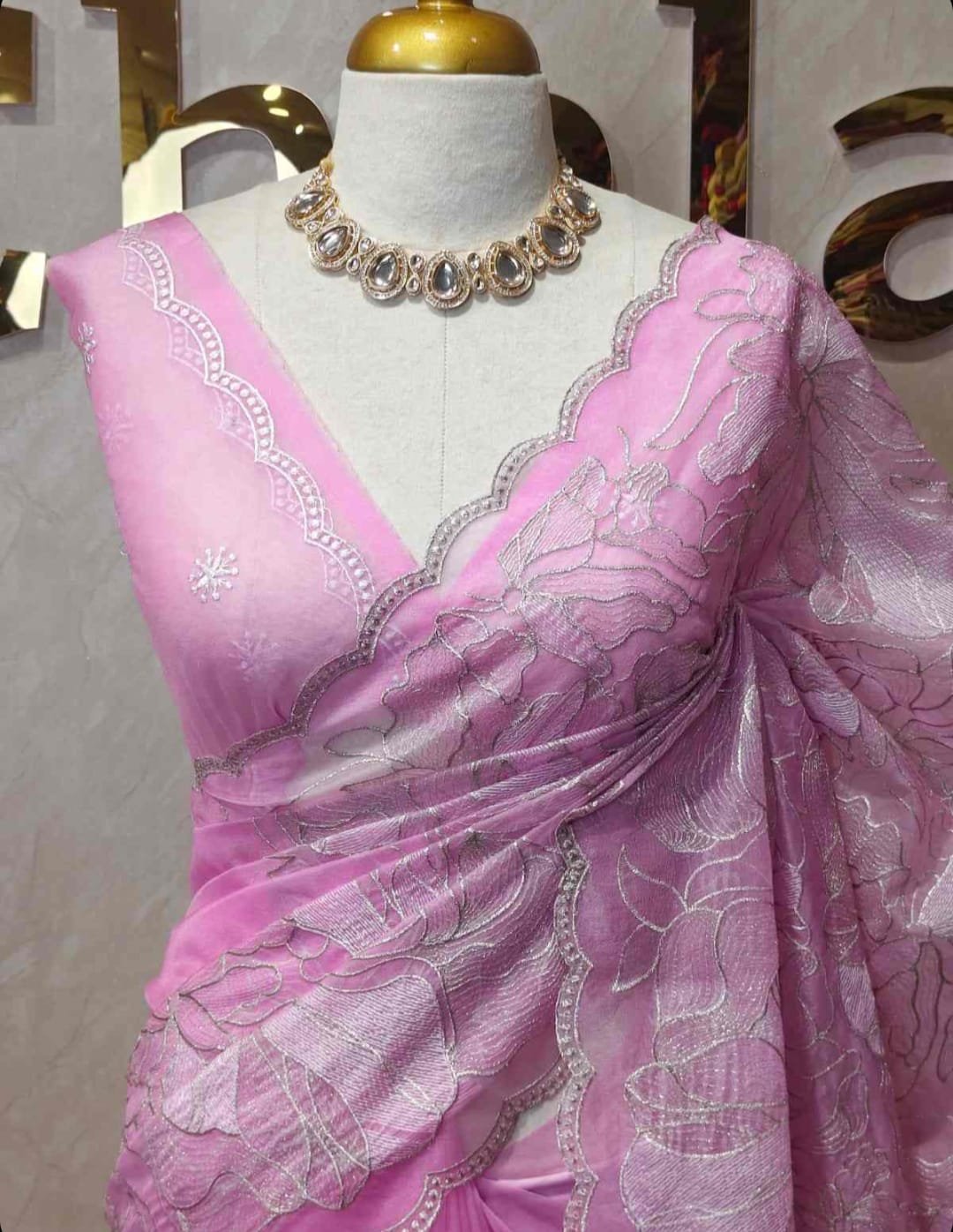 Rose Pink Floral Embroidered Designer Saree view 1