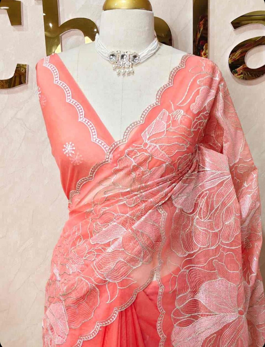 Peach Coral Floral Embroidered Designer Saree view 1