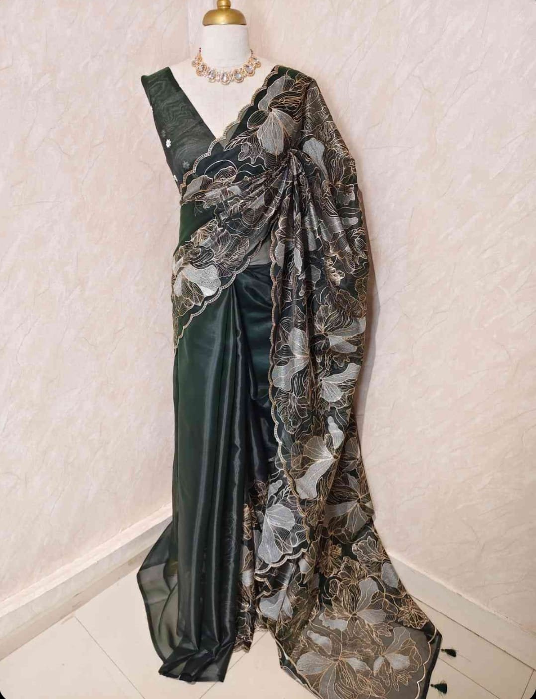 Deep Green Floral Embroidered Designer Saree view 1