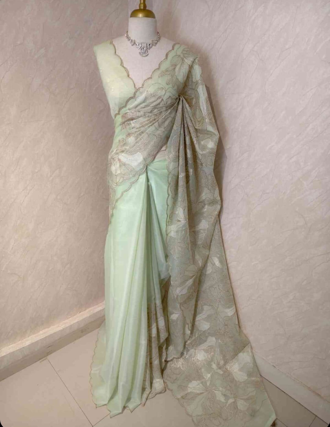 Pastel Mint Green Floral Embroidered Designer Saree