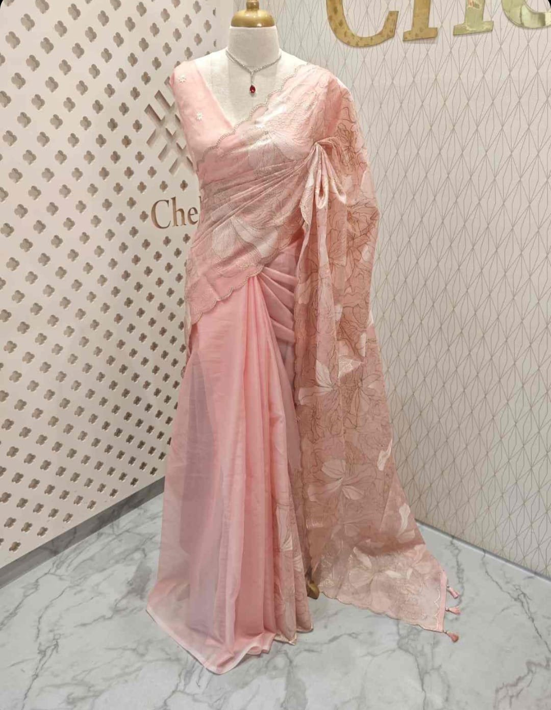 Blush Pink Floral Embroidered Designer Saree