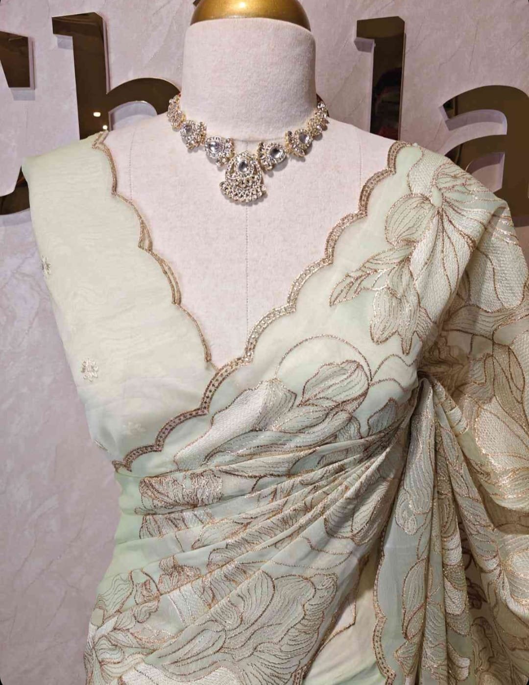 Pastel Pistachio Green Floral Embroidered Designer Saree view 1