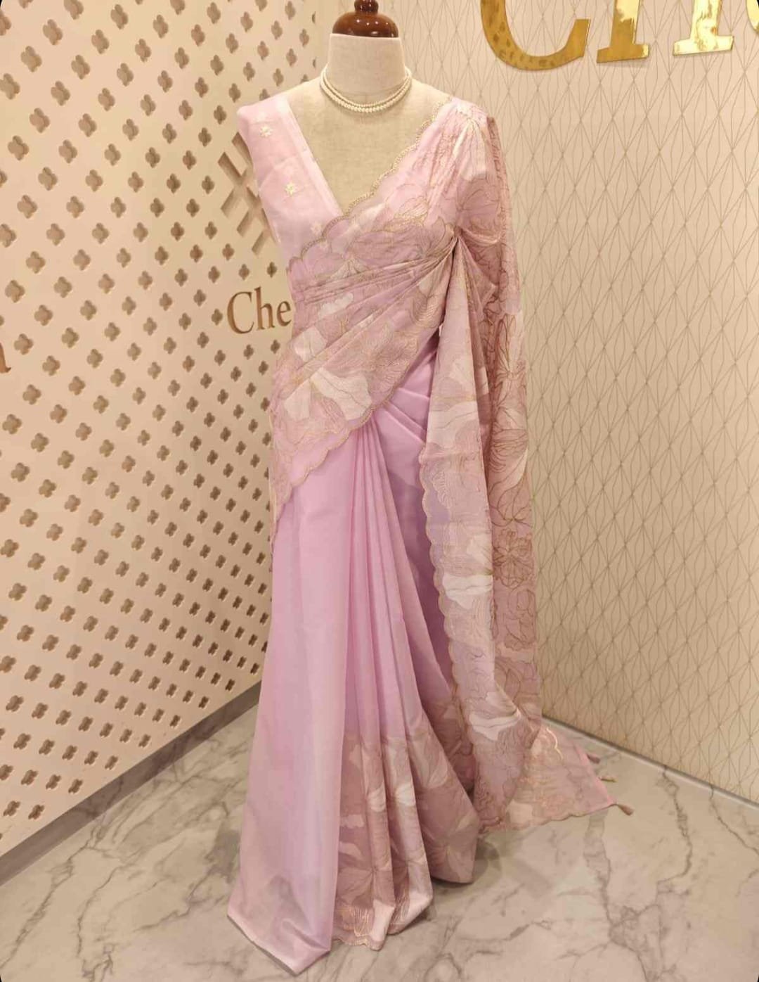 Pastel Lavender Pink Floral Embroidered Designer Saree