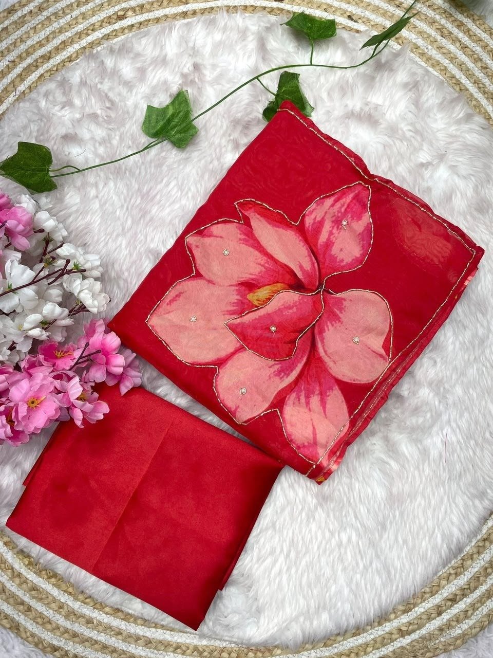 Red Organza Saree with Pink Floral Work