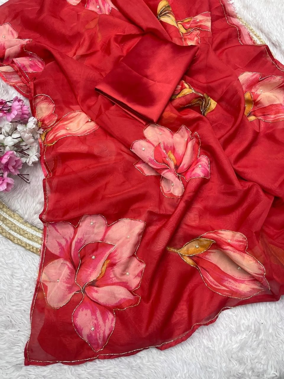Crimson Red Organza Silk Saree with Handpainted Floral Motifs