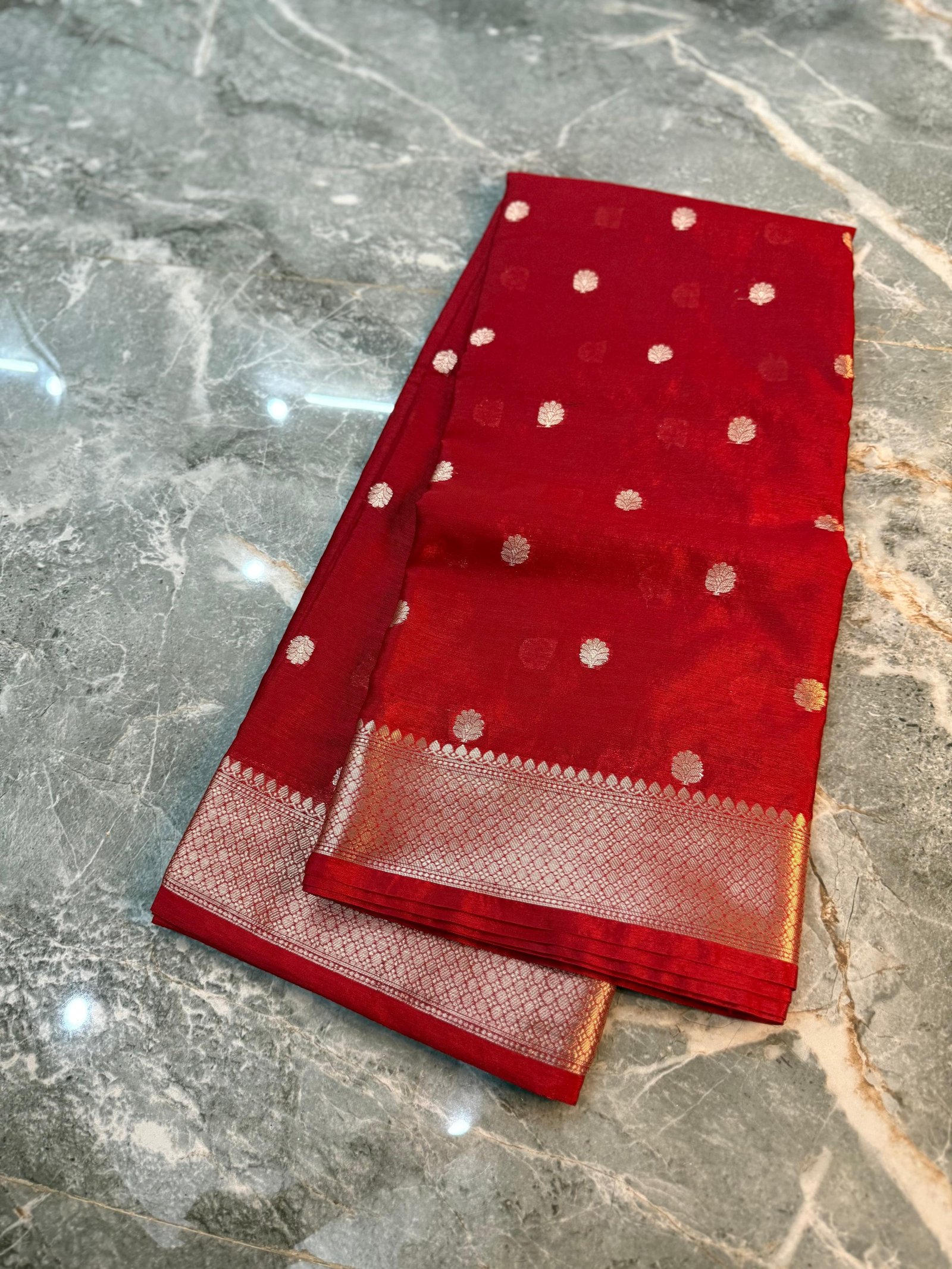 Deep Red Golden Zari Butti Banarasi Saree