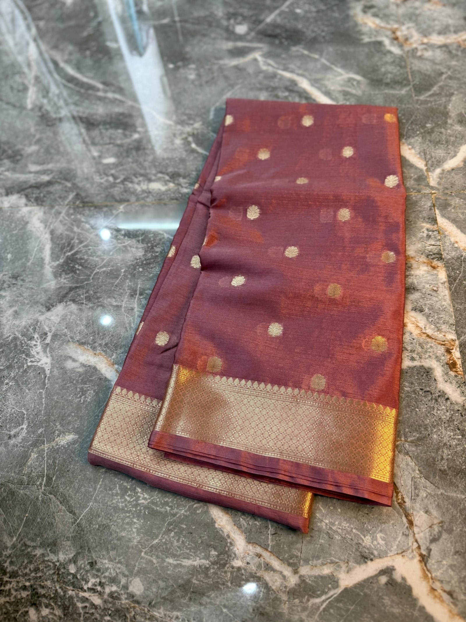 Elegant Rust Banarasi Silk Saree with Gold Zari Buta & Border