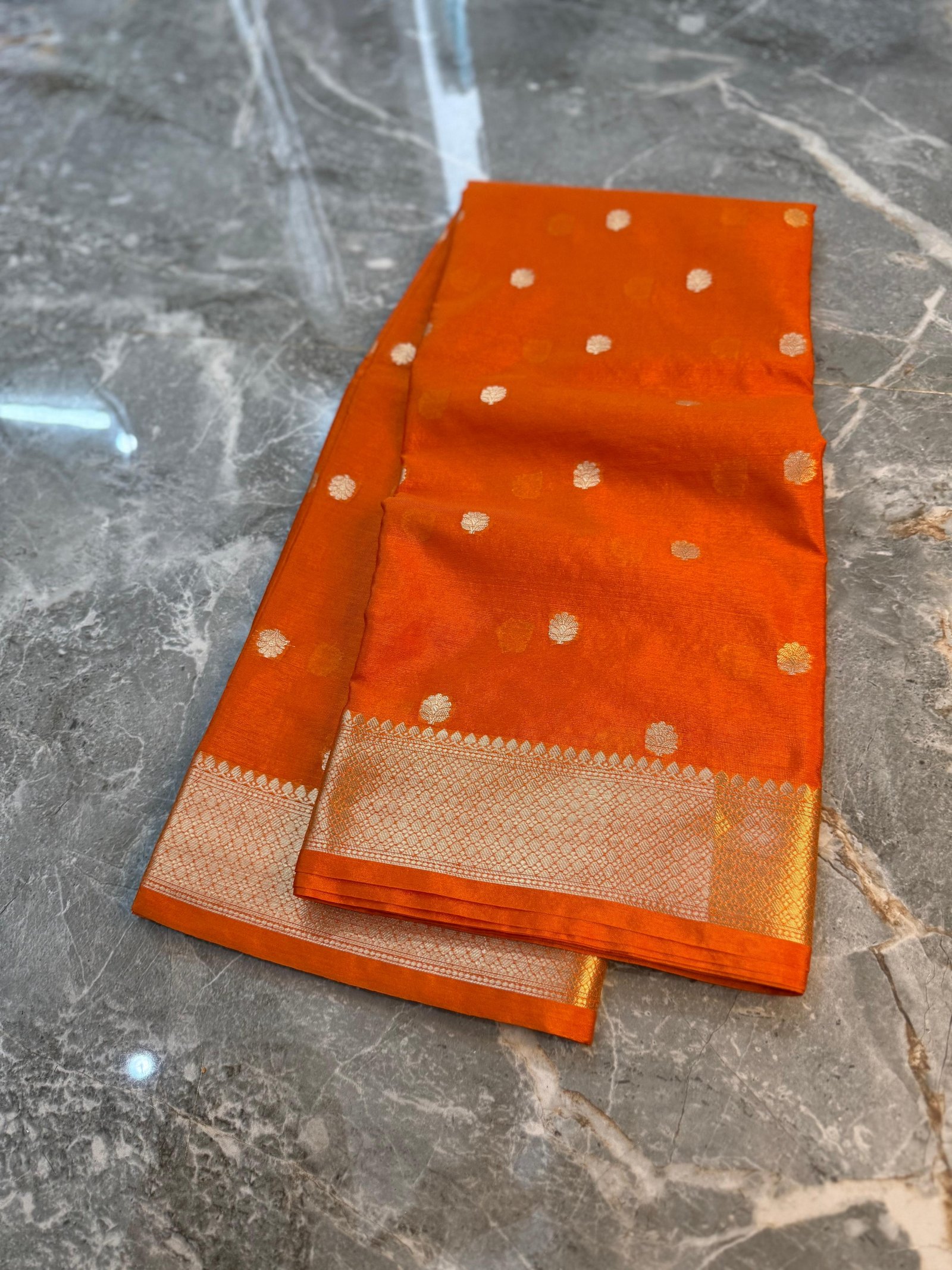 Bright Tangerine Orange Banarasi Silk Saree with Gold Zari Buta