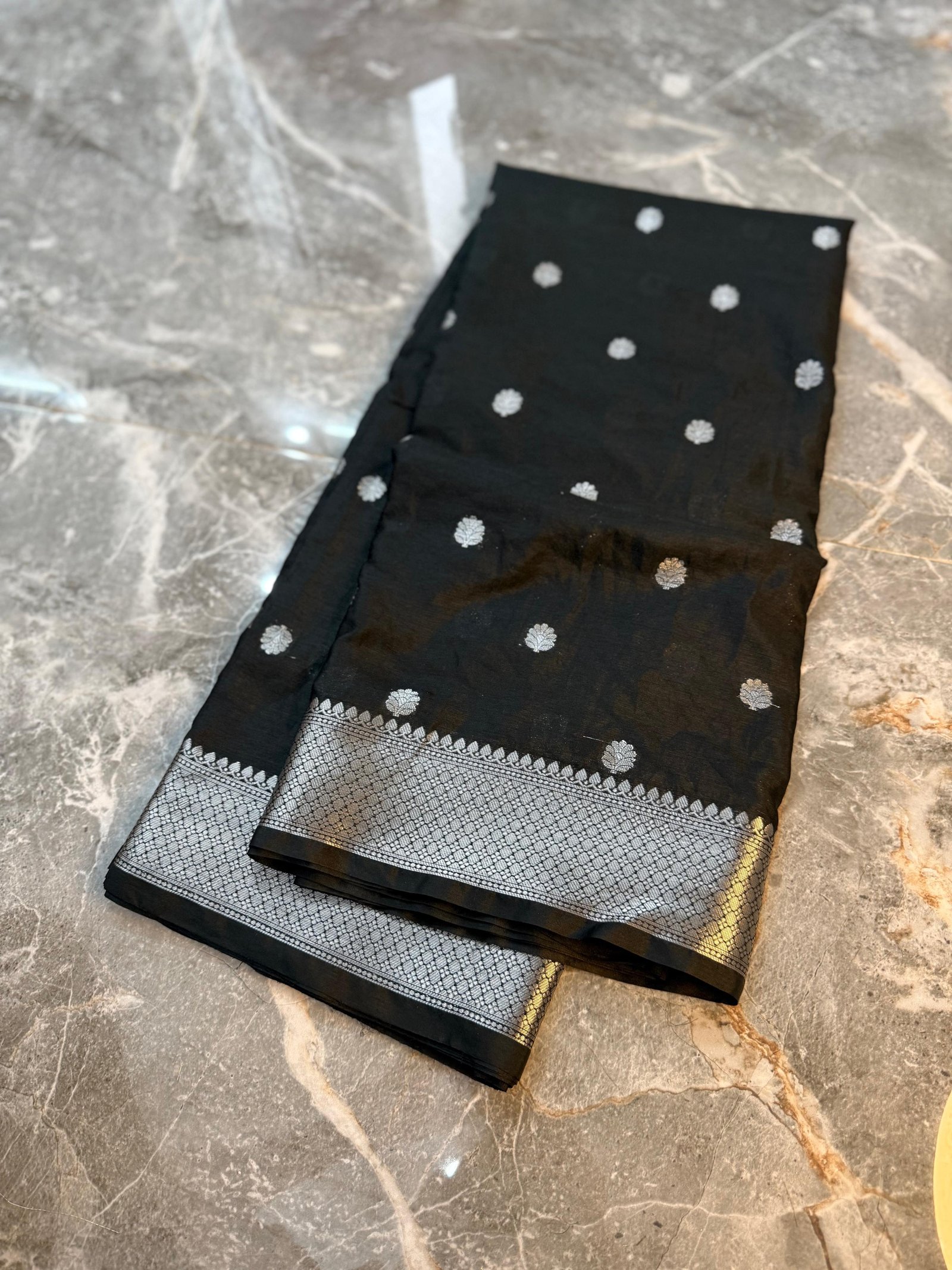 Classic Black Banarasi Silk Saree with Silver Zari Buta