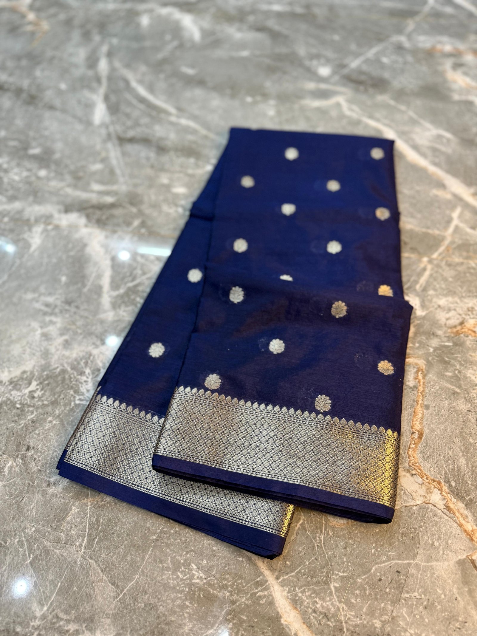 Regal Navy Blue Banarasi Silk Saree with Silver Zari Buta
