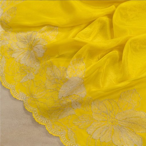 Sunshine Yellow Floral Embroidered Designer Saree view 4