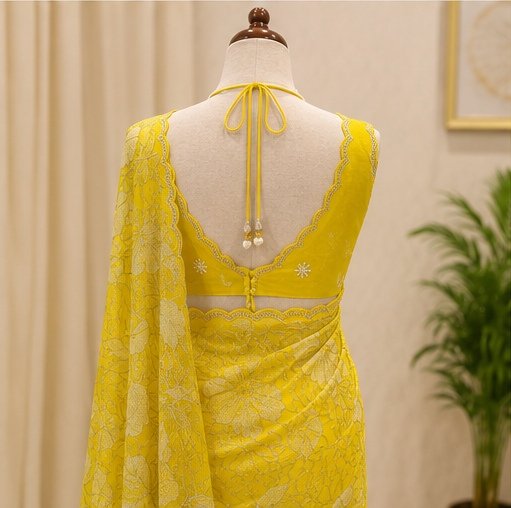 Sunshine Yellow Floral Embroidered Designer Saree view 5