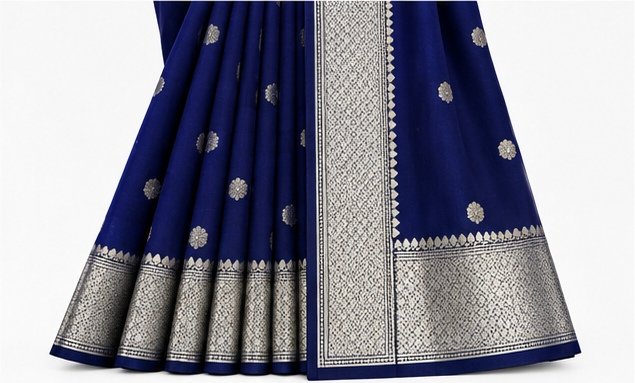 Regal Navy Blue Banarasi Silk Saree with Silver Zari Buta view 4
