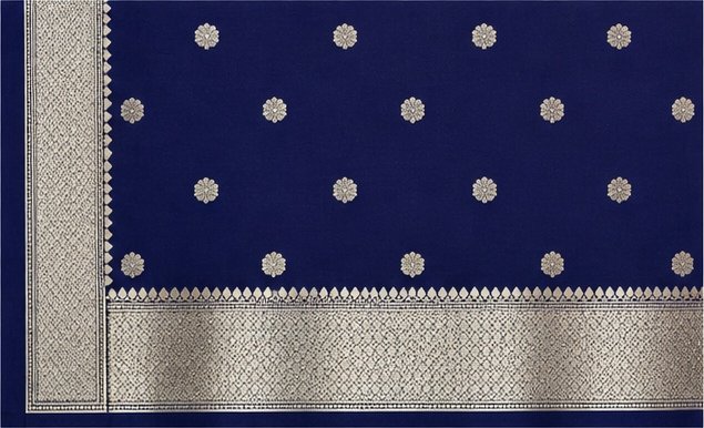 Regal Navy Blue Banarasi Silk Saree with Silver Zari Buta view 5