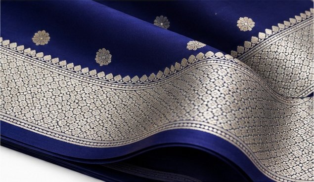 Regal Navy Blue Banarasi Silk Saree with Silver Zari Buta view 6