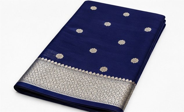 Regal Navy Blue Banarasi Silk Saree with Silver Zari Buta view 7