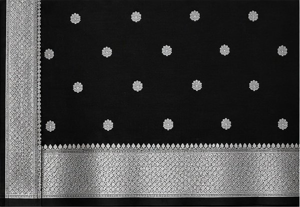 Classic Black Banarasi Silk Saree with Silver Zari Buta view 2