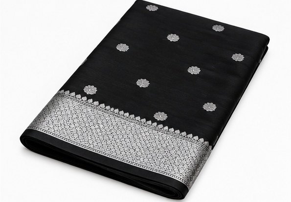 Classic Black Banarasi Silk Saree with Silver Zari Buta view 3