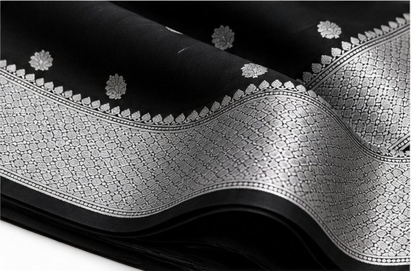 Classic Black Banarasi Silk Saree with Silver Zari Buta view 4
