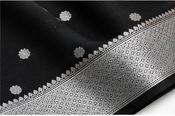 Classic Black Banarasi Silk Saree with Silver Zari Buta view 7