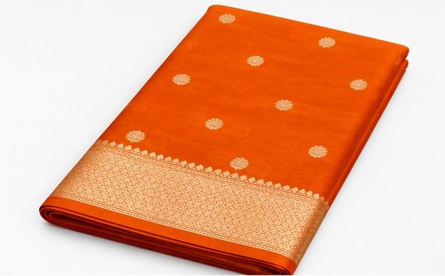 Bright Tangerine Orange Banarasi Silk Saree with Gold Zari Buta view 2