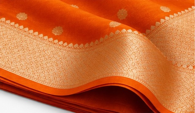 Bright Tangerine Orange Banarasi Silk Saree with Gold Zari Buta view 3