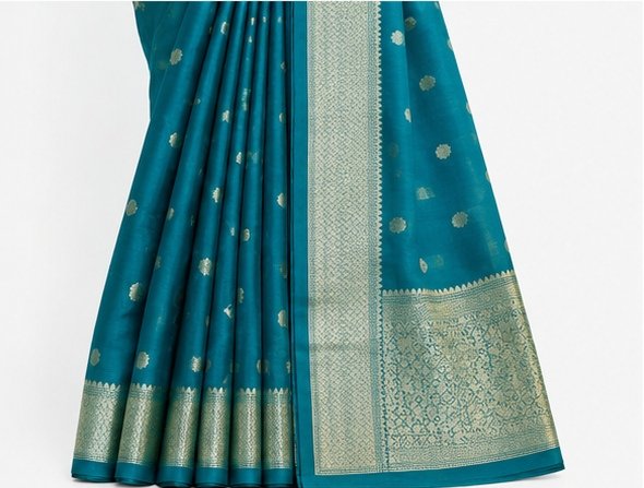 Elegant Teal Blue Zari Butti Banarasi Saree view 2