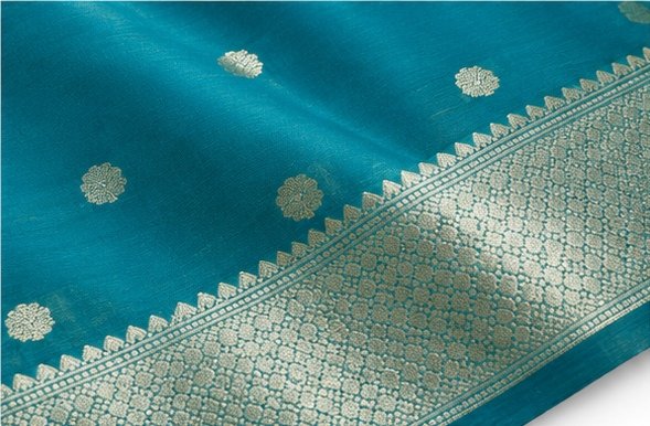 Elegant Teal Blue Zari Butti Banarasi Saree view 3