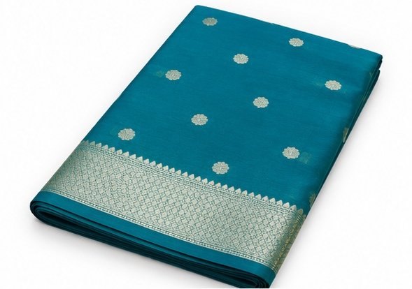 Elegant Teal Blue Zari Butti Banarasi Saree view 5