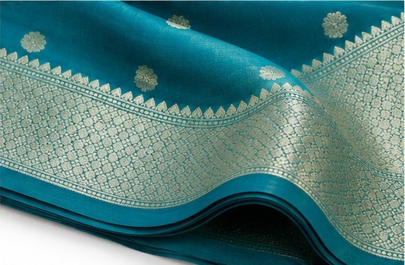 Elegant Teal Blue Zari Butti Banarasi Saree view 6