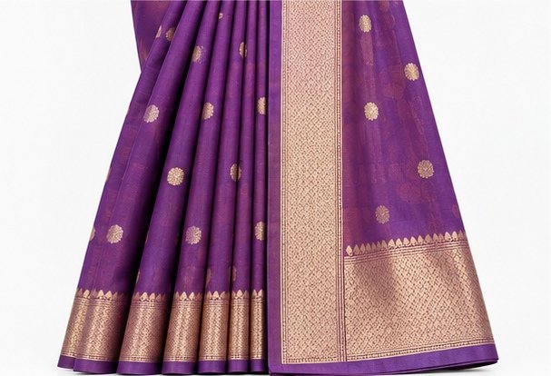 Royal Lavender Banarasi Silk Saree with Gold Zari Buta view 6