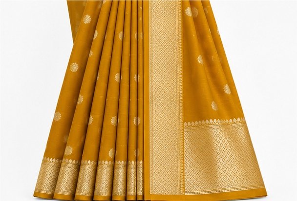 Vibrant Mustard Yellow Banarasi Silk Saree with Gold Zari Buta view 3