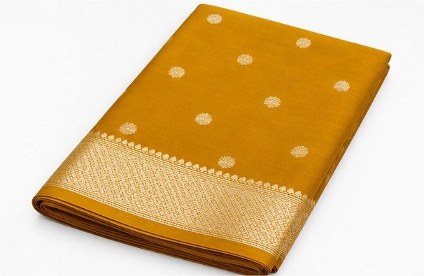 Vibrant Mustard Yellow Banarasi Silk Saree with Gold Zari Buta view 5