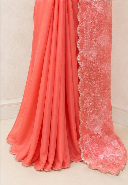 Peach Coral Floral Embroidered Designer Saree view 3