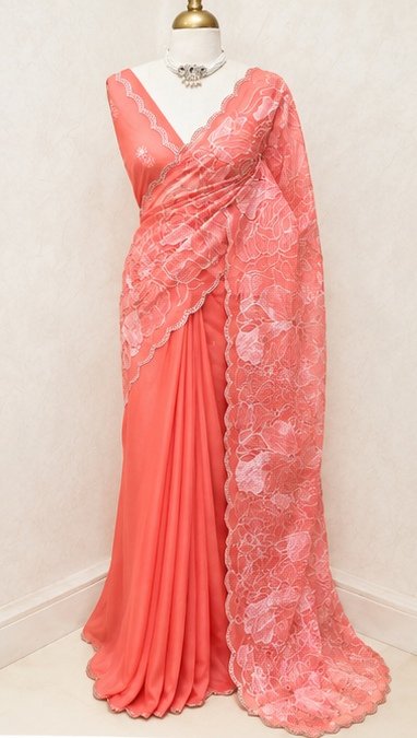 Peach Coral Floral Embroidered Designer Saree