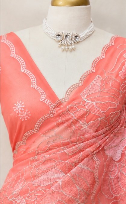Peach Coral Floral Embroidered Designer Saree view 6