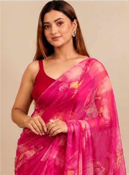 Fuchsia Pink Handpainted Floral Organza Saree view 2