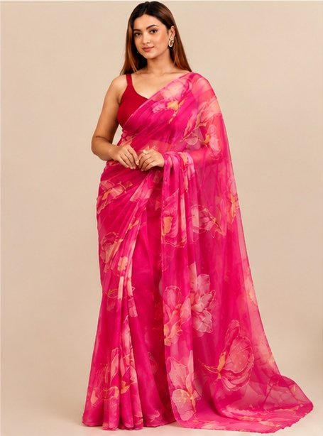 Fuchsia Pink Handpainted Floral Organza Saree