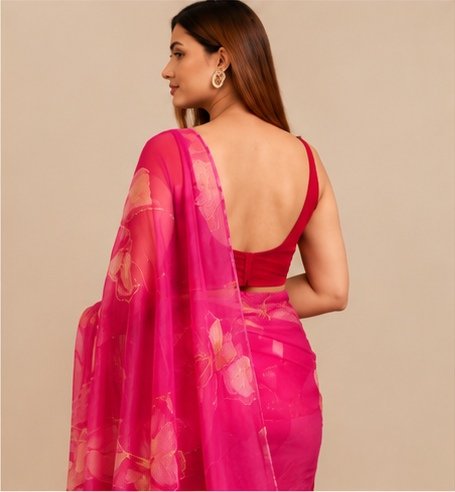 Fuchsia Pink Handpainted Floral Organza Saree view 5