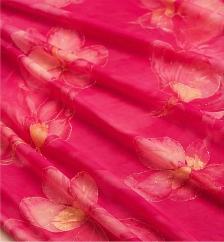 Fuchsia Pink Handpainted Floral Organza Saree view 6