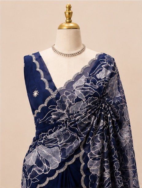 Midnight Navy Blue Floral Embroidered Designer Saree view 4