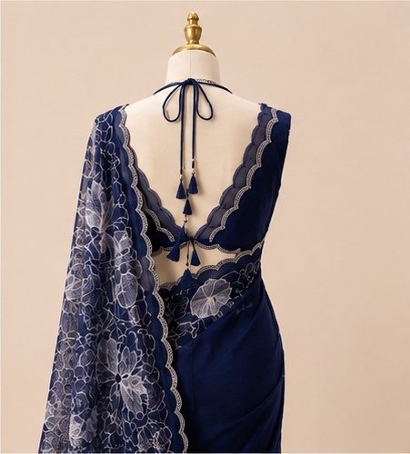 Midnight Navy Blue Floral Embroidered Designer Saree view 5