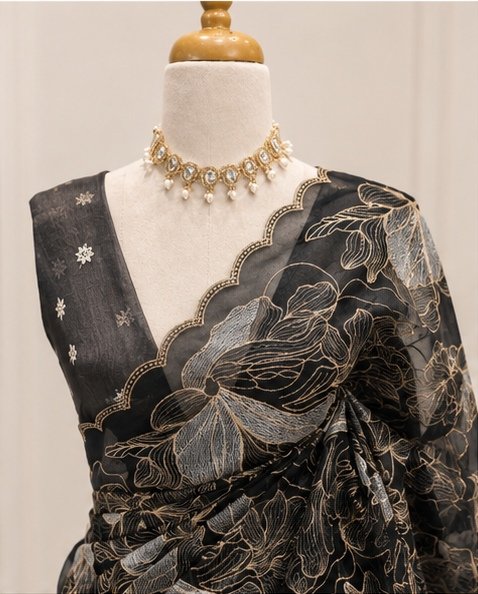 Black Floral Embroidered Designer Saree