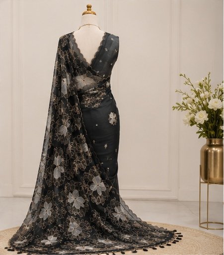 Black Floral Embroidered Designer Saree view 7