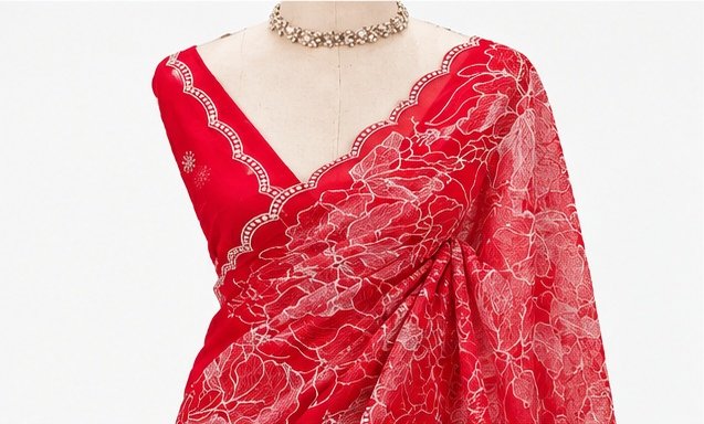 Ruby Red Floral Embroidered Designer Saree view 3