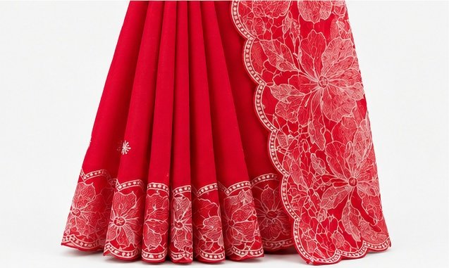 Ruby Red Floral Embroidered Designer Saree view 7