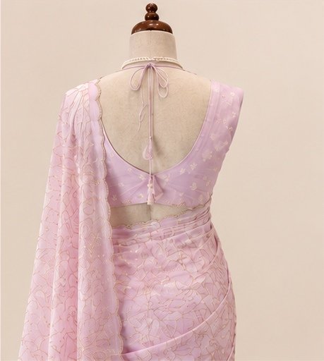 Pastel Lavender Pink Floral Embroidered Designer Saree view 3