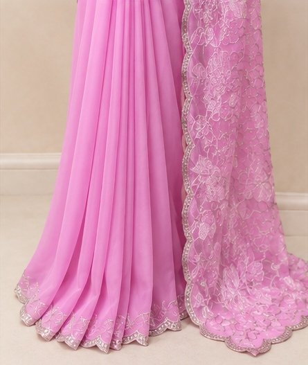 Lavender Pink Floral Embroidered Designer Saree view 3