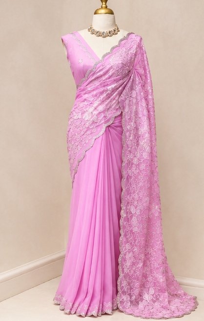 Lavender Pink Floral Embroidered Designer Saree view 4